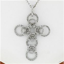 18K White Gold 2.08 ctw Shared Prong Diamond Multi Circle Cross Pendant Necklace