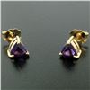 Image 2 : 14k Yellow Gold 1.20 ctw Prong Set Trillion Cut Amethyst Solitaire Stud Earrings