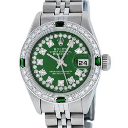 Rolex Ladies Stainless Steel Green Emerald & Diamond Datejust Wristwatch