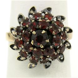 14k Yellow Gold 2.52 ctw Old Round Cut Garnet Tiered Sunburst Cluster Ring