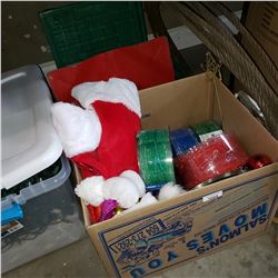 BOX OF NEW CHRISTMAS DECOR,   CHRISTMAS STAND, AND FOLDING CRATES