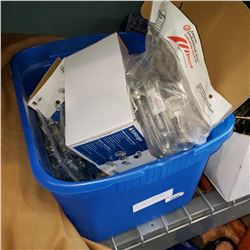 BOX OF FAUCET, SHOWER HEAD, DOOR LEVERS, AND MESH HOSES