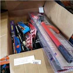 BOX OF NEW PRESSURE GAUGES, SHARPENING STONES, AND PRECISION SCREWDRIVERS