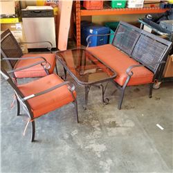 4PC METAL PATIO SET, BENCH, 2 CHAIRS, AND COFFEE TABLE