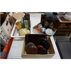 2 TRAYS OF EASTERN COLLECTABLES, GINIGER JARS, MINI ROOM DIVIDERS