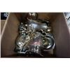 Image 1 : BOX OF SILVER PLATE SERVING PIECES, JUG, AND COFFEE POT