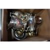 Image 2 : BOX OF SILVER PLATE SERVING PIECES, JUG, AND COFFEE POT