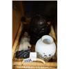 Image 1 : SOAPSTONE FIGURE, EASTERN VASE, AND 2 WOOD CARVED BOOKENDS