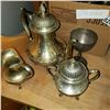 Image 2 : LOT OF SILVER PLATED TEA POTS, BRASS TEA POT, AND CREAM AND SUGAR