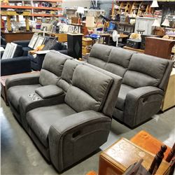 BRAND NEW PERTH RECLINING SOFA AND LOVESEAT, GREY PALOMINO FABRIC,WITH CONSOLE AND CUPHOLDERS, RETAI
