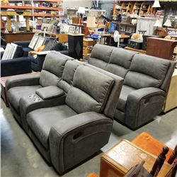 BRAND NEW PERTH RECLINING SOFA AND LOVESEAT, GREY PALOMINO FABRIC,WITH CONSOLE AND CUPHOLDERS, RETAI