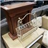Image 1 : WOOD DECORATIVE FIRE PLACE, METAL MAGAZINE RACK, AND DISPLAY TERRARIUM