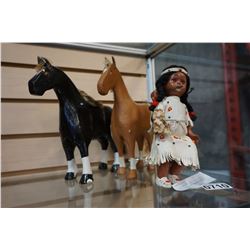 FIRST NATIONS DOLL AND 2 FOLK ART HORSES W/ LEATHER EARS