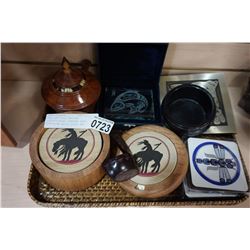 TRAY OF FIRST NATIONS COLLECTIBLES, COASTER SETS, PORCUPINE QUILL DISH