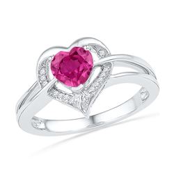 10kt White Gold Womens Round Lab-Created Ruby Heart Lov