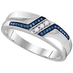 Sterling Silver Mens Round Blue Colored Diamond Wedding