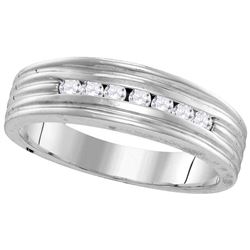 10kt White Gold Mens Round Diamond Ribbed Wedding Band