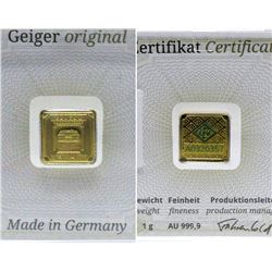 1 Gram .9999 Fine Gold Geiger Edelmetalle Bar