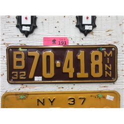 Rare USA 1932 Minnesota License Plate