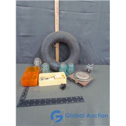 (4) Glass Insulators, Rubber Tub, Saddle Sharpener, etc