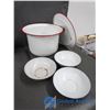 Image 1 : Enamel Pot with Lid and (3) Bowls