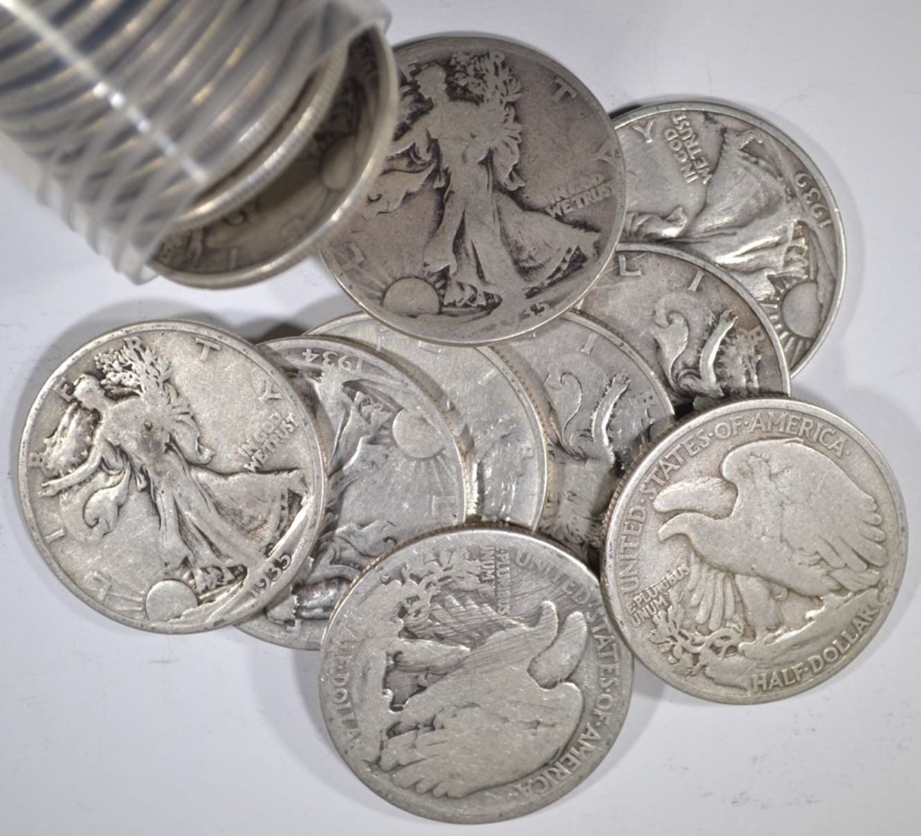 1 ROLL 90 SILVER WALKING LIBERTY HALF DOLLARS