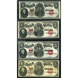 Four 1907 $5 U.S. Notes: Fr-84, Fr-90, Fr-91 RAW