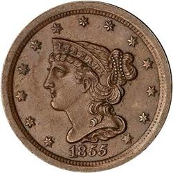 1855 Coronet Head Half Cent. AU55
