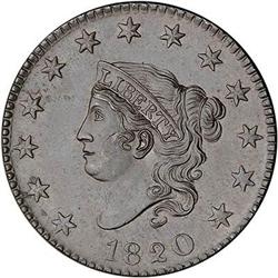 1820 Coronet Head Cent. Lg date. MS60