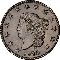 1829 Coronet Head Cent. Lg Letters Reverse. AU50