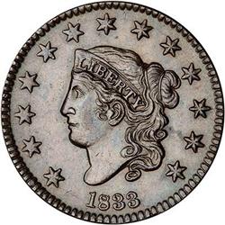 1833 Coronet Head Cent. Repunched 8. AU55