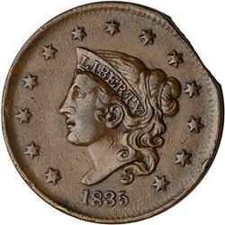 1835 Coronet Head Cent. Head of 1836. EF40