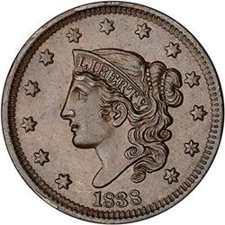 1838 Coronet Head Cent. AU55
