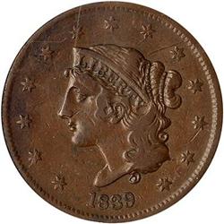 1839 Coronet Head Cent. Booby head. ANACS VF20