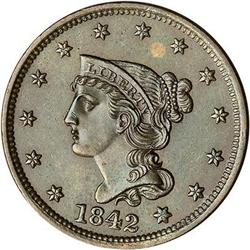 1842 Coronet Head Cent. Lg date. MS63