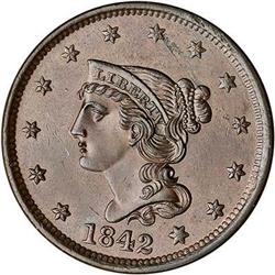 1842 Coronet Head Cent. Lg date. MS62