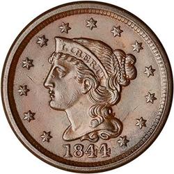 1844 Coronet Head Cent. Blundered Date 44. AU50