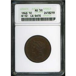 1846 Coronet Head Cent. Tall date. ANACS AU50