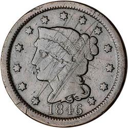 1846 Coronet Head Cent. Tall date. G4
