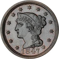 1847 Coronet Head Cent. MS62