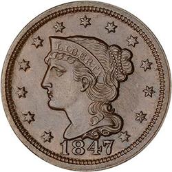 1847 Coronet Head Cent. AU58