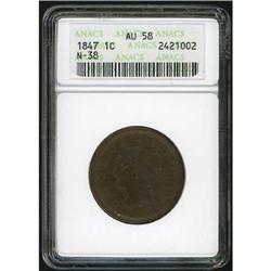 1847 Coronet Head Cent. ANACS AU58