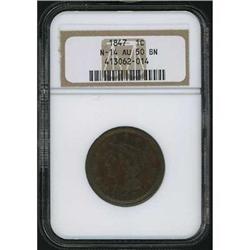 1847 Coronet Head Cent. NGC AU50