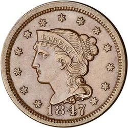1847 Coronet Head Cent. Repunched 18. EF40