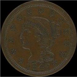 1847 Coronet Head Cent. EF40