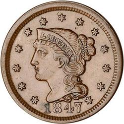 1847 Coronet Head Cent. Repunched 18. VF35