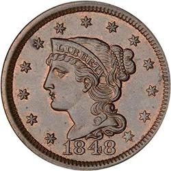 1848 Coronet Head Cent. Repunched 18. MS62