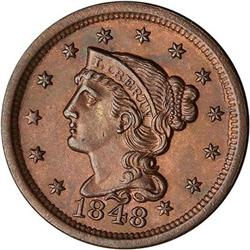 1848 Coronet Head Cent. Repunched 184. AU55