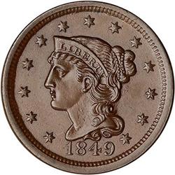 1849 Coronet Head Cent. AU55