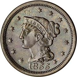 1855 Coronet Head Cent. Italic 55. 12-Stars. MS62